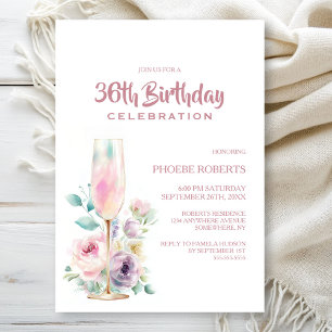 Pink Champagne Floral Any Age Birthday Party Invitation