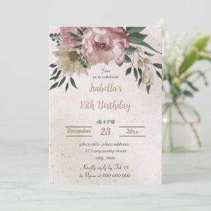 pink champagne flowers botanical birthday invitation