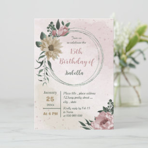 pink champagne flowers botanical birthday invitation