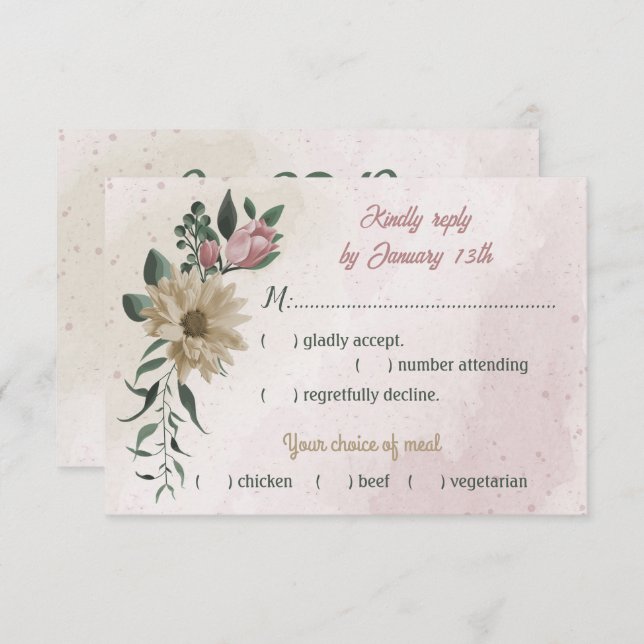 pink champagne flowers botanical meal choice RSVP card (Front/Back)