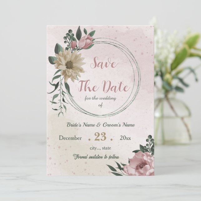pink champagne flowers botanical save the date (Standing Front)