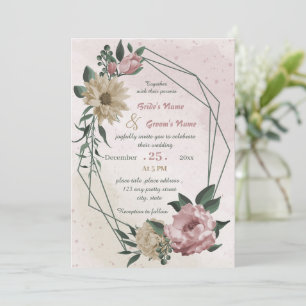 pink champagne flowers geometric wedding invitation