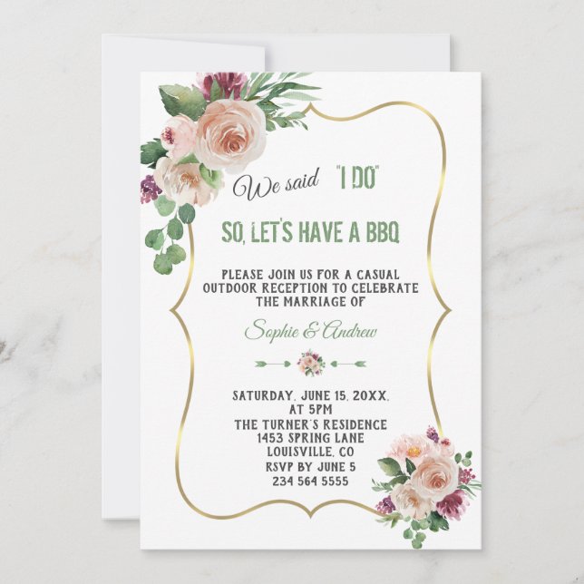 Pink Champagne Flowers Gold Wedding I DO BBQ Invitation (Front)