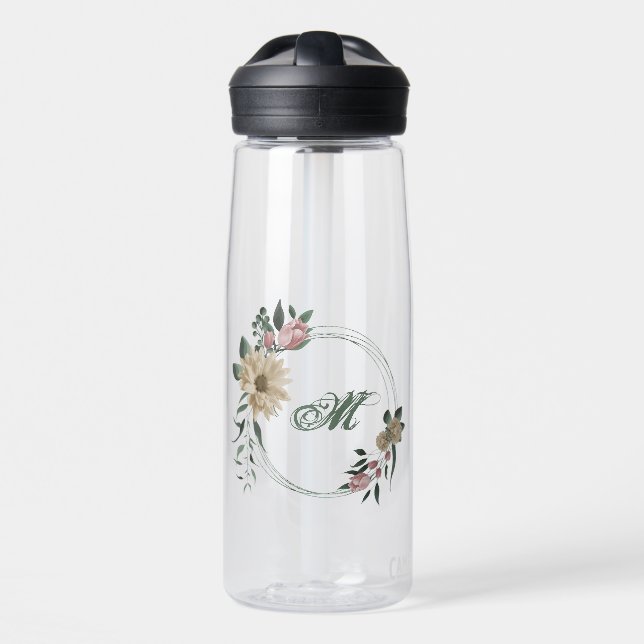 pink & champagne flowers greenery water bottle (Front)