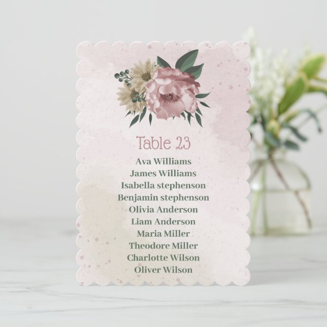 pink champagne flowers seating chart card (Standing Front)