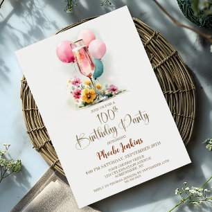 Pink Champagne Glass 100th Birthday Party Invitation