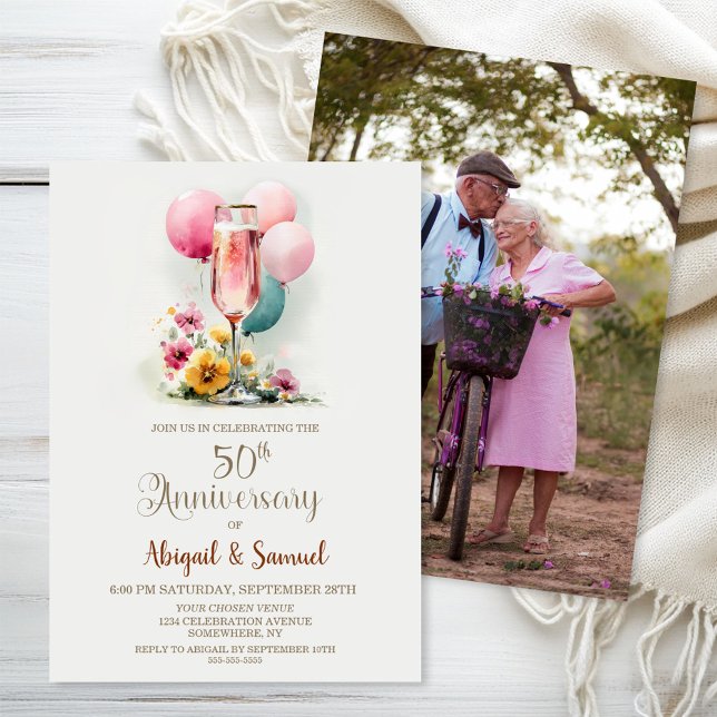 Pink Champagne Glass 50th Wedding Anniversary Invitation (Creator Uploaded)