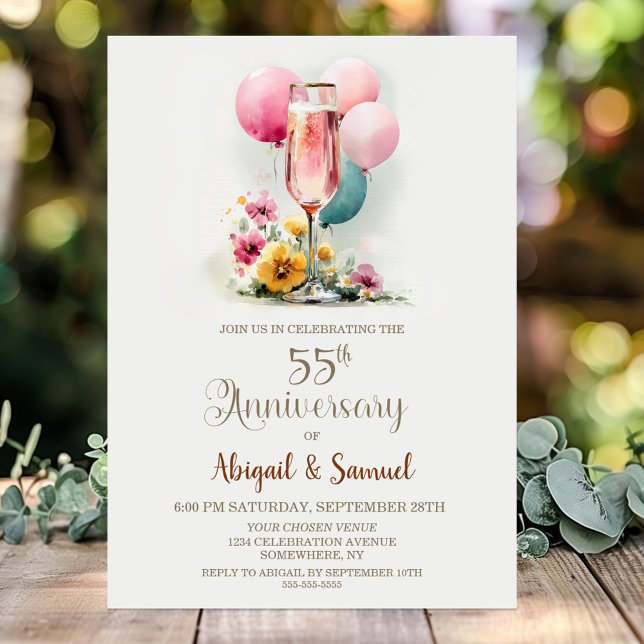 Pink Champagne Glass 55th Wedding Anniversary Invitation (Creator Uploaded)