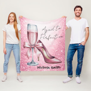 Pink Champagne Glass Aged To Perfection Birthday Fleece Blanket