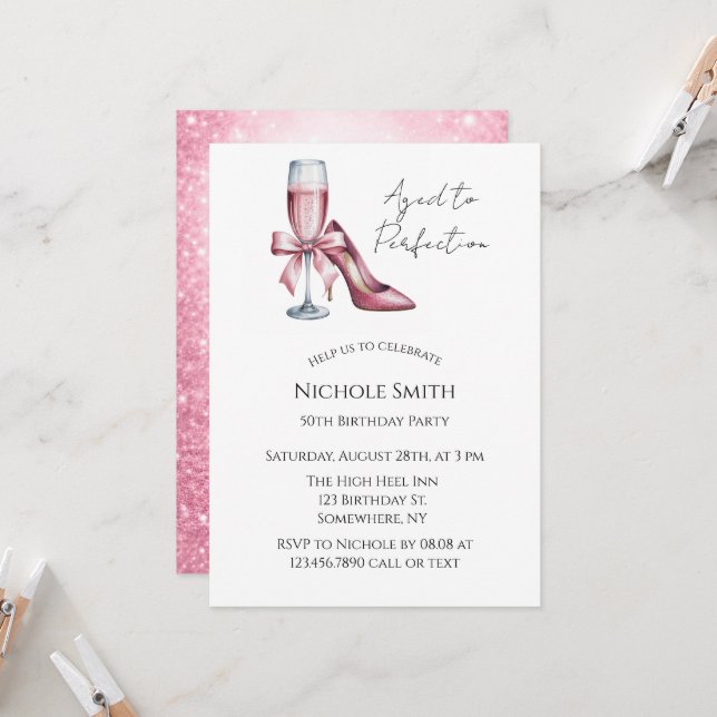 Pink Champagne Glass Aged To Perfection Birthday Invitation (Front/Back In Situ)