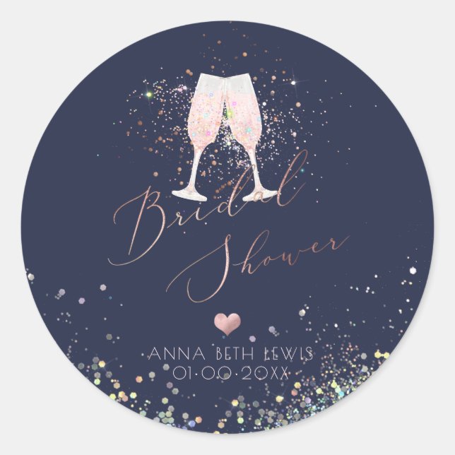 Pink Champagne Glasses, Holographic Bridal Shower Classic Round Sticker (Front)