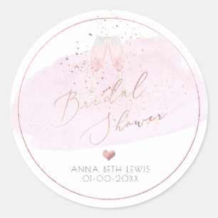 Pink Champagne Glasses, Watercolor Bridal Shower Classic Round Sticker