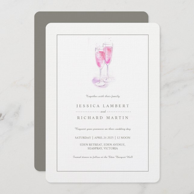 Pink champagne glasses wedding invitations (Front/Back)