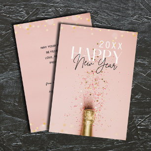 Pink Champagne Happy New Year Greeting Holiday Card