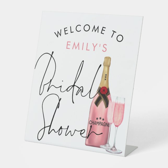 Pink Champagne Name Welcome Bridal Shower white Pedestal Sign (Front)