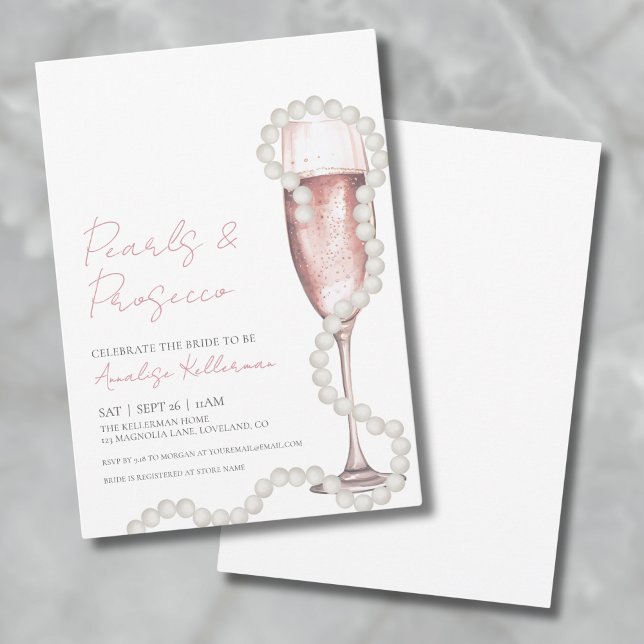 Pink Champagne Pearls & Prosecco Bridal Shower Invitation (Elegant Pink Champagne Bridal Shower Invitation)
