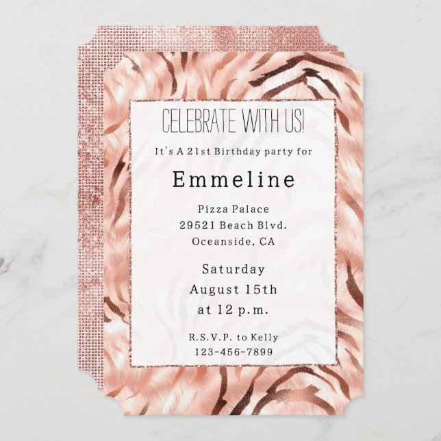 Pink Champagne Rose Glam Zebra Invitation (Front/Back)
