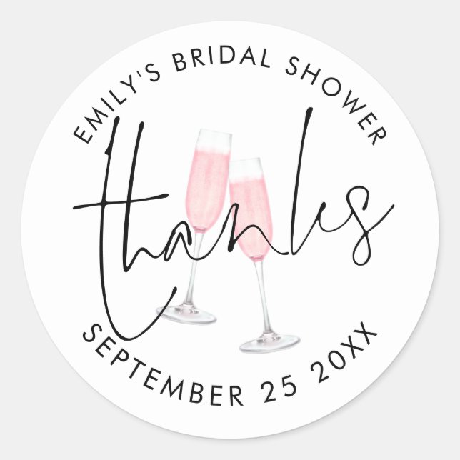 Pink Champagne Thanks Script White Bridal Shower Classic Round Sticker (Front)