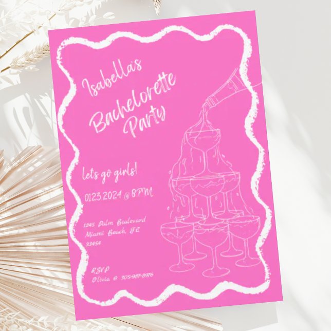 Pink Champagne Tower Hand Drawn Bachelorette Party Invitation (Creator Uploaded)