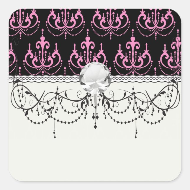 pink chandelier damask on black square sticker (Front)