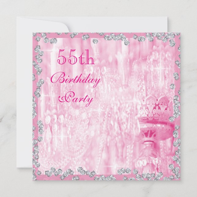 Pink Chandelier & Diamonds 55th Birthday Invitation (Front)