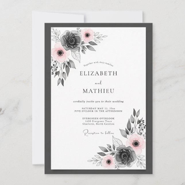 Pink Charcoal Serene Botanical Wedding Invitation (Front)