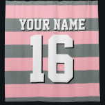 Pink Charcoal Sports Jersey Preppy Stripe Shower Curtain<br><div class="desc">Preppy Striped Team Jersey / Sports Jersey / Football Jersey / Rugby Jersey with Custom Name Customise this with your own name or team name and a number. You can change the size, colour and placement of the text if you need to make changes, change the colour of or remove...</div>