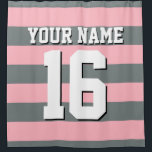 Pink Charcoal Sports Jersey Preppy Stripe Shower Curtain<br><div class="desc">Preppy Striped Team Jersey / Sports Jersey / Football Jersey / Rugby Jersey with Custom Name Customise this with your own name or team name and a number. You can change the size, colour and placement of the text if you need to make changes, change the colour of or remove...</div>