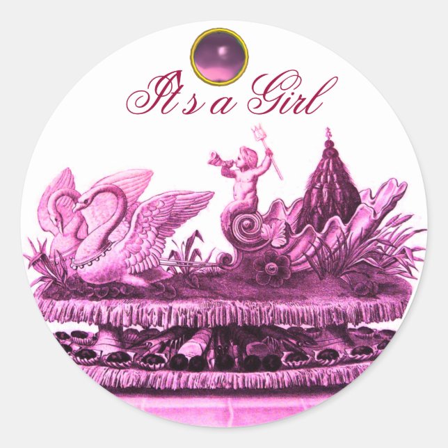 PINK CHARIOT OF SWANS /CUPCAKES GIRL BABY SHOWER CLASSIC ROUND STICKER (Front)