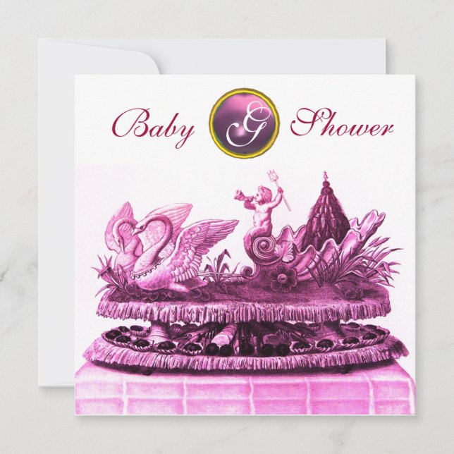 PINK CHARIOT OF SWANS / CUPCAKES GIRL BABY SHOWER INVITATION (Front)
