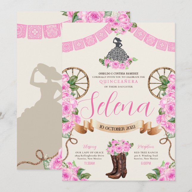 Pink Charro Quinceanera Papel Picado Western Rose Invitation (Front/Back)