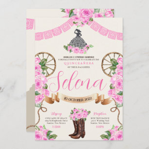 Pink Charro Quinceanera Papel Picado Western Rose Invitation