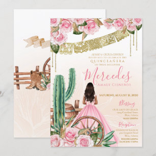 Pink Charro Western Beautiful Cacti Roses Quince Invitation