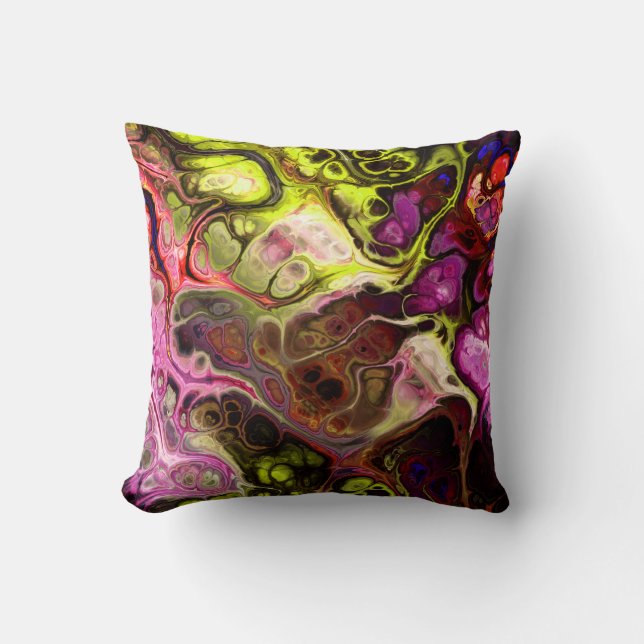 Pink, chartreuse, purple abstract tie dye marble cushion (Front)