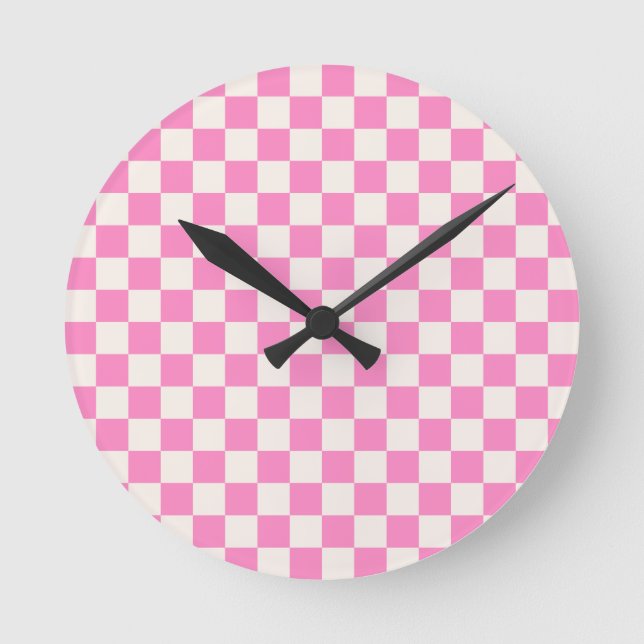 Pink Check, Chequerboard Pattern, Chequered Round Clock (Front)