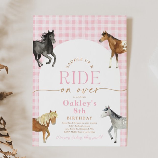 Pink Check Horse Birthday Invitation (Creator Uploaded)