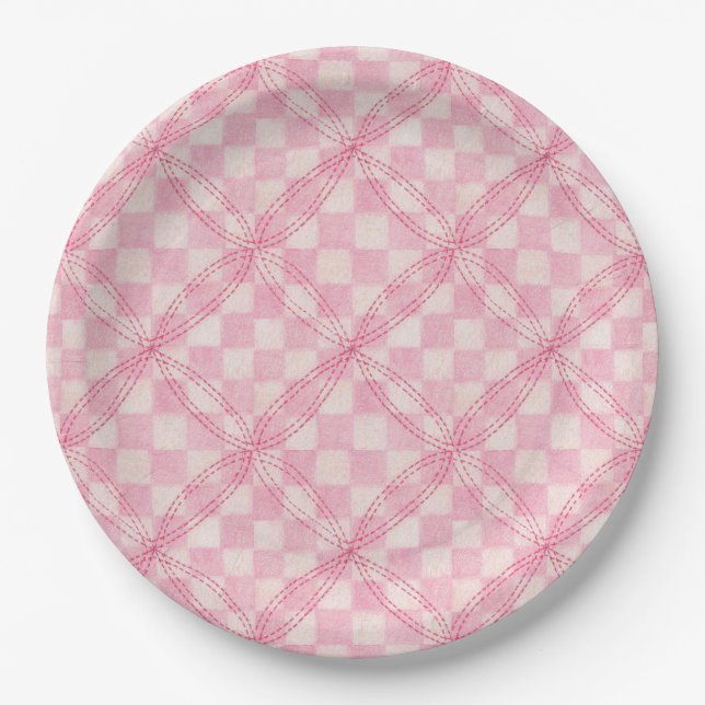 PINK CHECK QUILT 9" Round Paper Plates (Front)