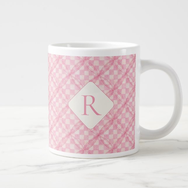 PINK CHECK QUILT Big White Mug + Initial (Right)