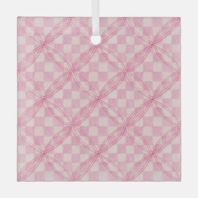 PINK CHECK QUILT Glass Square Ornament (Front)