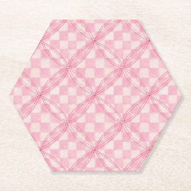 PINK CHECK QUILT Hexagon Paper Coasters (Front)