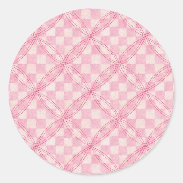 PINK CHECK QUILT Large Round Stickers (Front)