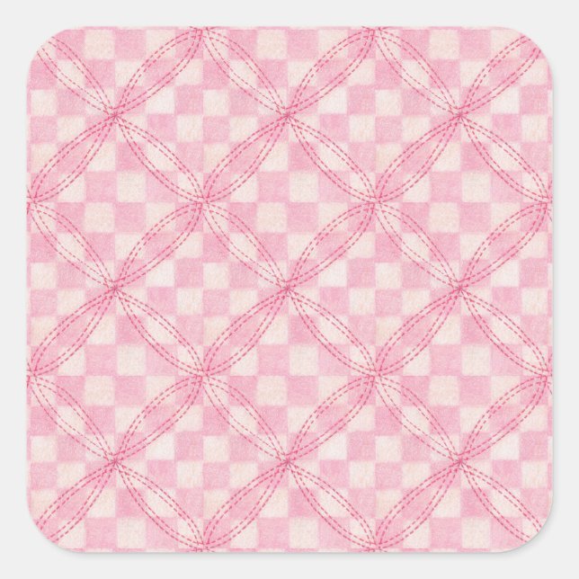 PINK CHECK QUILT Large Square Stickers (Front)