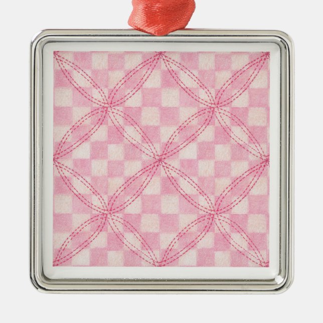 PINK CHECK QUILT Premium Square Ornament (Front)