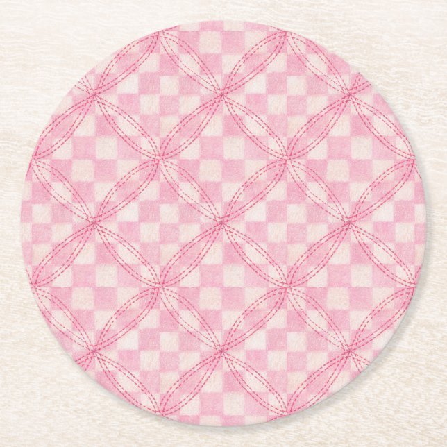 PINK CHECK QUILT Round Paper Coasters (Front)