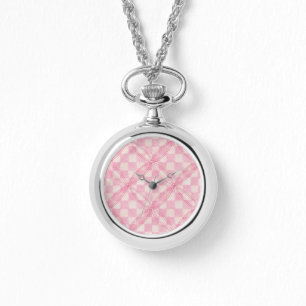 PINK CHECK QUILT Silver Necklace Watch