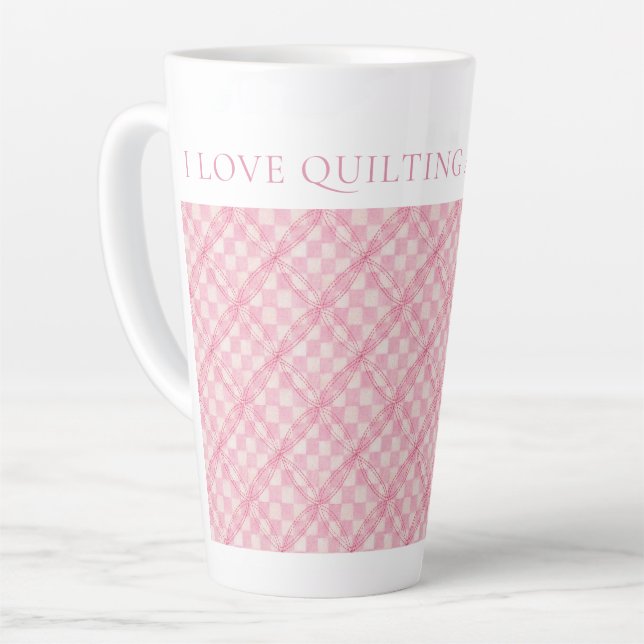 PINK CHECK QUILT Tall Latte Mug + Text / Blush (Left Angle)