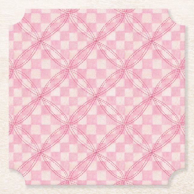 PINK CHECK QUILT Ticket Paper Coasters (Front)