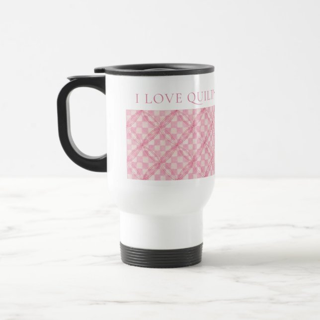 PINK CHECK QUILT Travel Mug + Text (Left)