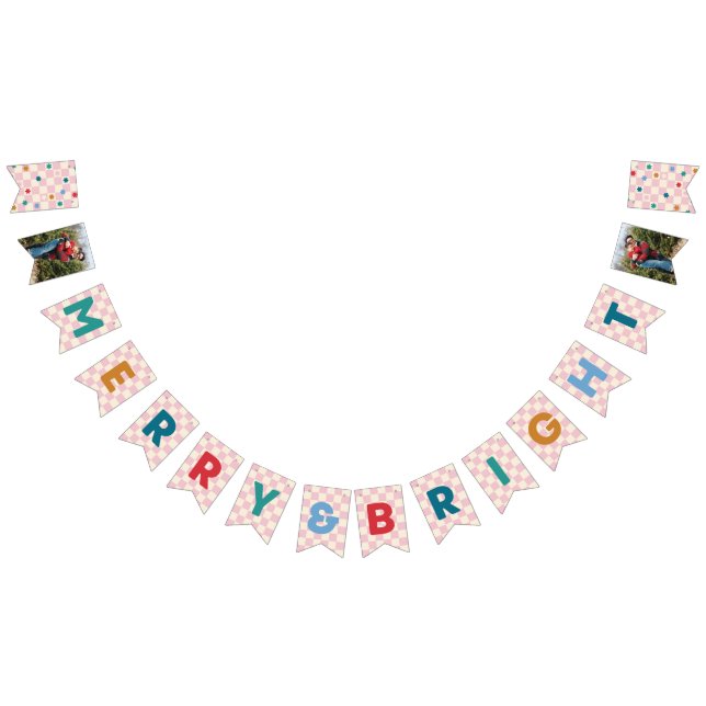 Pink Checkerboard Merry & Bright Bunting Banner (All)