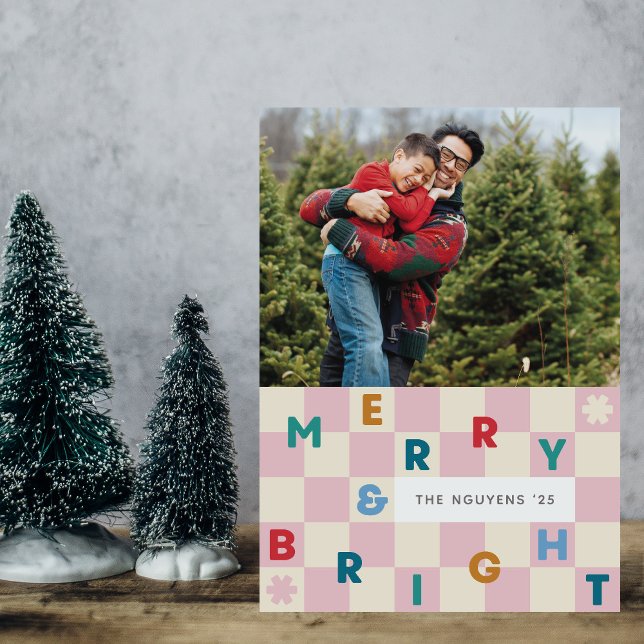 Pink Checkerboard Merry & Bright Christmas Card (Creator Uploaded)